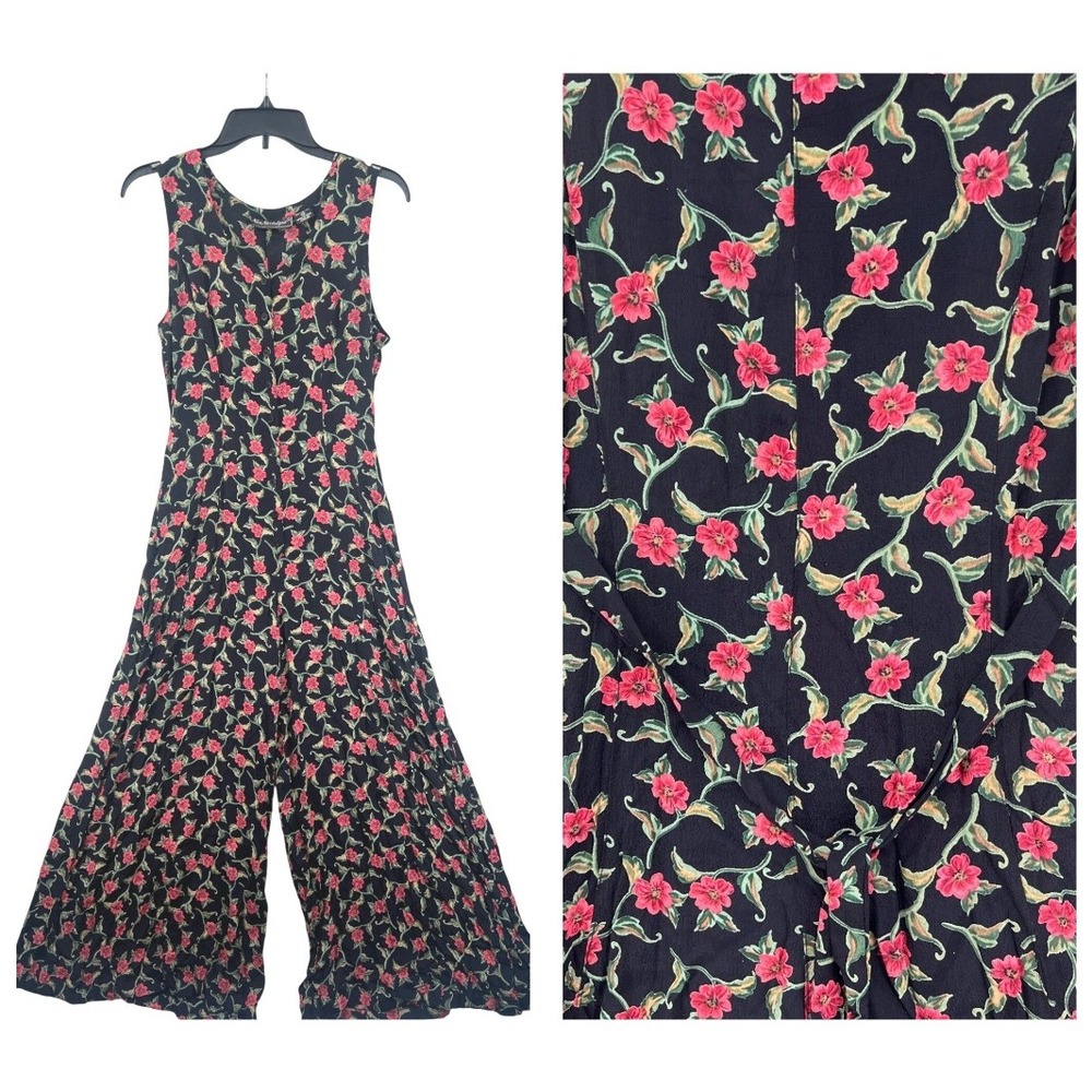VTG Neo Nostalgia Floral Palazzo Jumpsuit Size M Black 90s Cottagecore Wide Leg